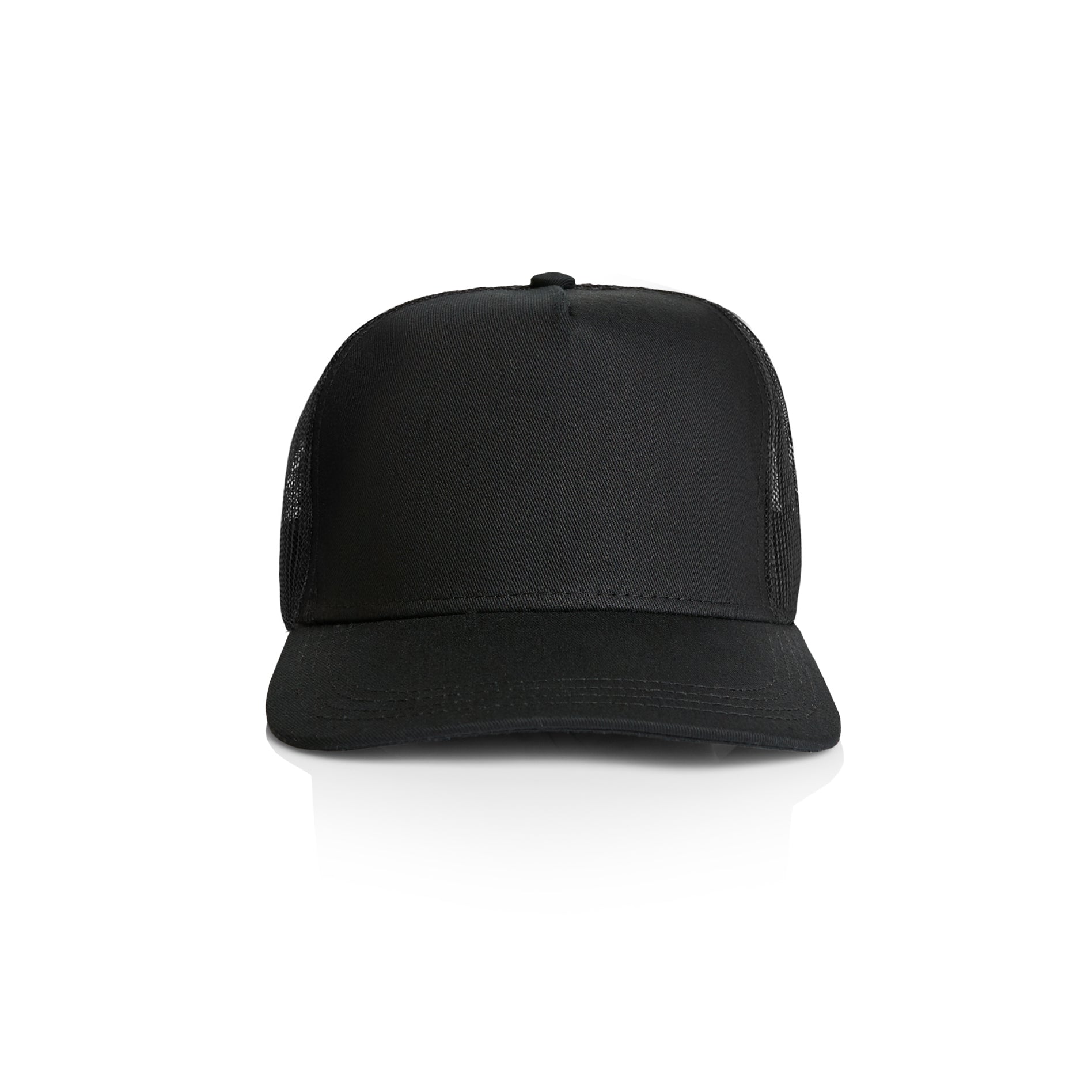 AS Colour Stock Trucker Cap 1108 in Black — custom DTF printed by Gravity Prints Sydney